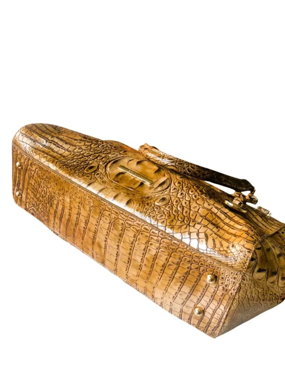 BRAHMIN Glossy Croc-Embossed Leather Gold Tone Charm Satchel Handbag NEW